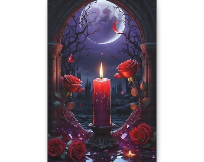 Gothic Candle and Roses Canvas | Moonlit Vampire Romance Wall Art