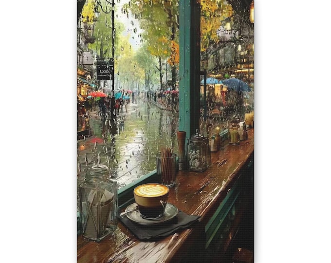 Rainy Cafe Window latte art Canvas | Coffee Shop Wall Art, City Street Scene
