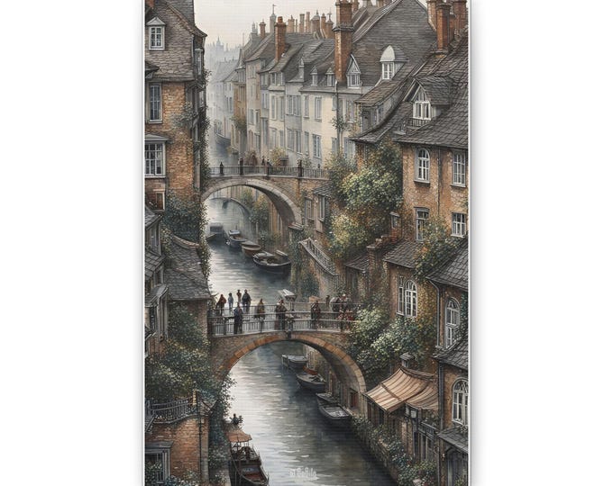European Canal Village Canvas | Vintage Cityscape Wall Art