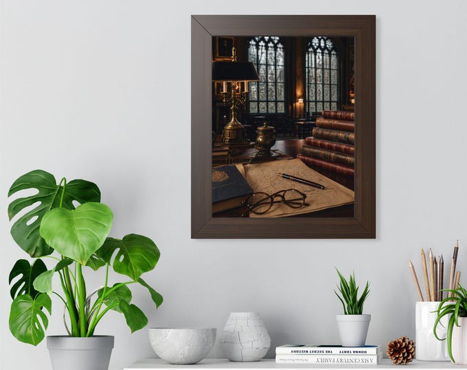 Vintage Library Study Scene Framed Poster | Books, Desk, Antique Lamp