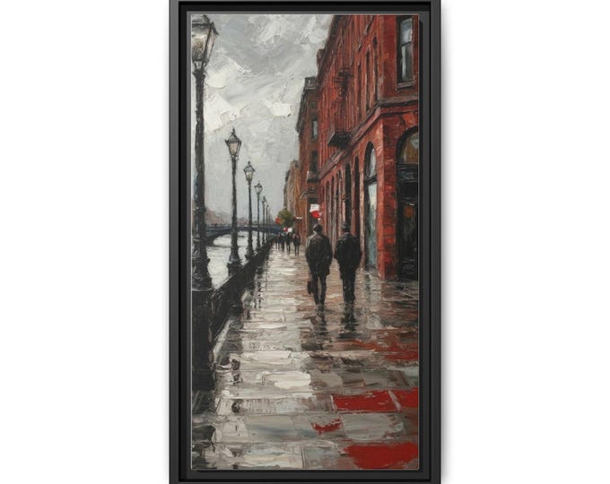 Rainy City Street Couples Painting Matte Canvas Framed | Urban Waterfront Art