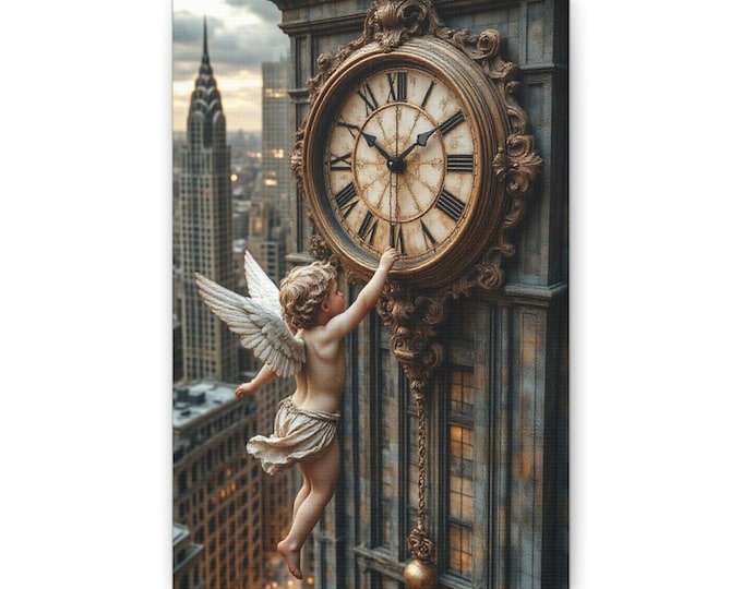 Angel & Clock Canvas Print: New York Cityscape, Polycotton, Pinewood Frame
