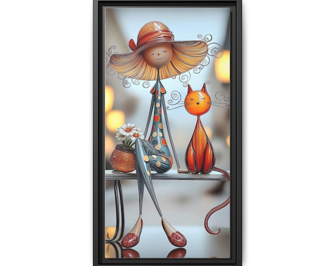 Whimsical Girl with Orange Cat Matte Canvas Framed