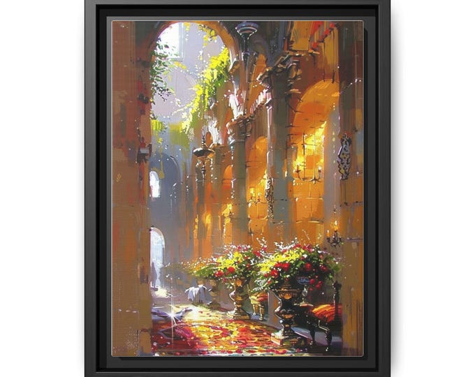 Sunlit Arched Courtyard Matte Canvas Framed | Multi-Color Wall Art