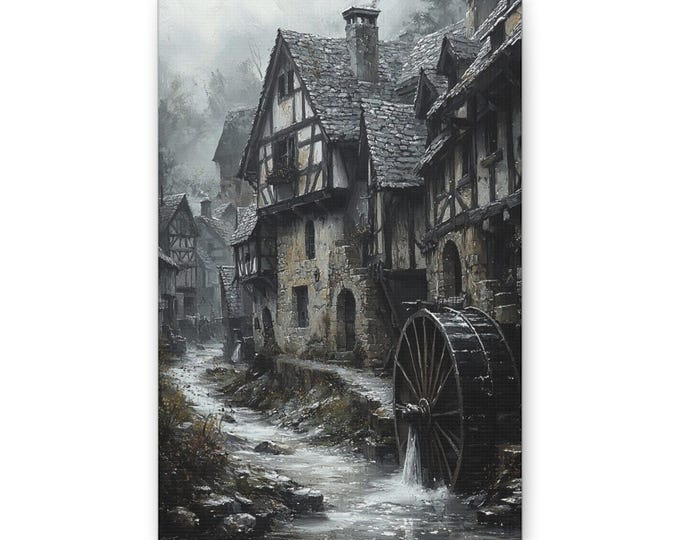 Medieval Watermill Village Canvas | Rustic Landscape Wall Art