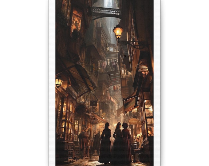 Victorian Alleyway Scene Classic Canvas | Vintage Street Lamps, Silhouetted Figures
