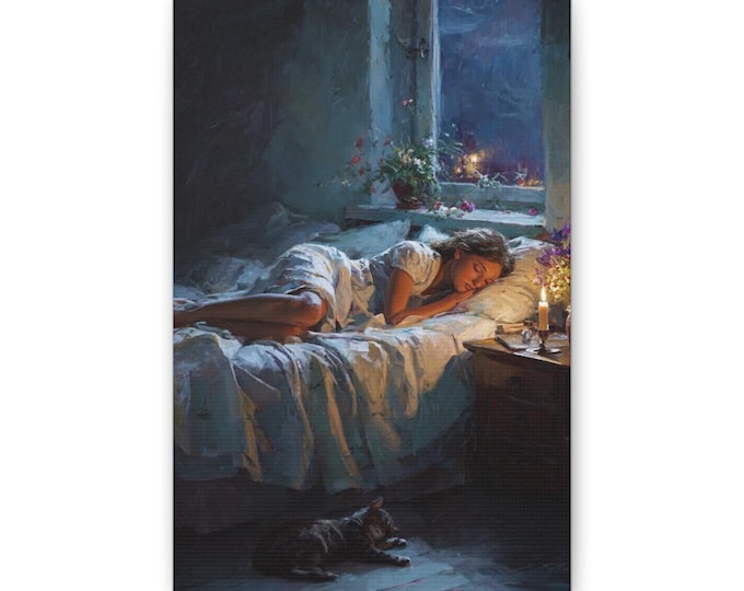 Sleeping Girl by Window Canvas | Nighttime Bedroom Wall Art