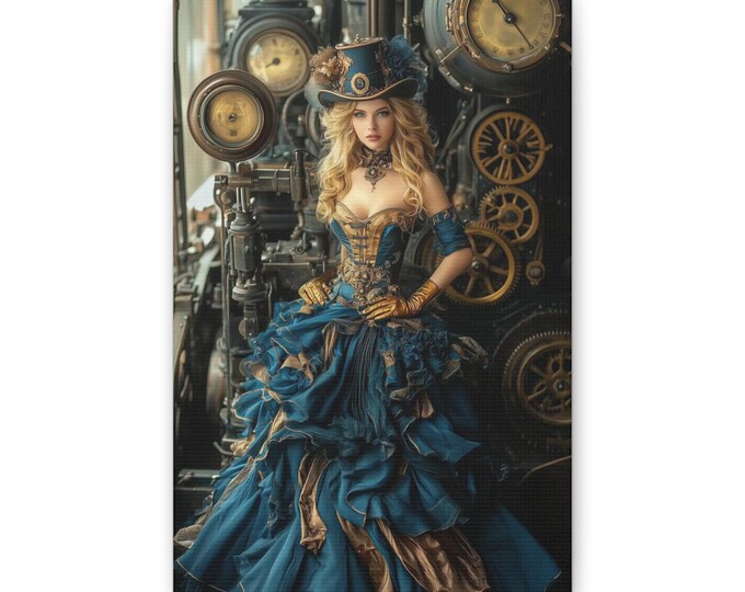 Steampunk Lady in Blue Dress Canvas | Victorian Clockwork Wall Art