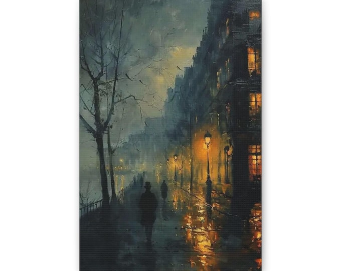 Rainy Vintage Street Scene Canvas | Atmospheric Night Cityscape Wall Art