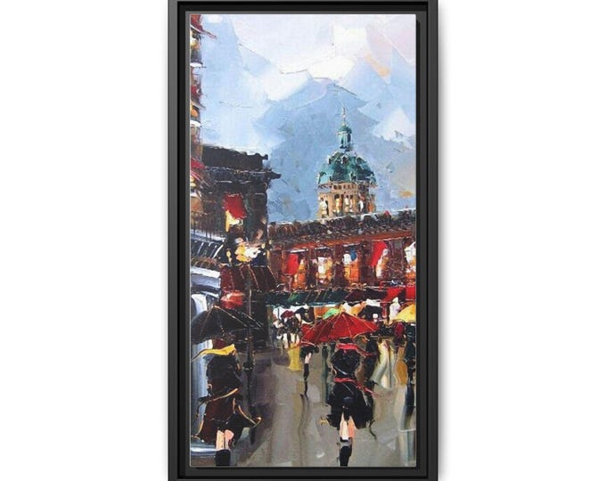 City Street Rain Scene Matte Canvas Framed | Urban Landscape Wall Art