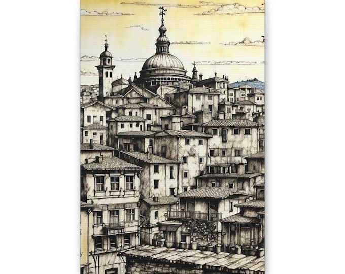 Vintage Cityscape Sketch Canvas | Architectural Wall Art, Urban Skyline