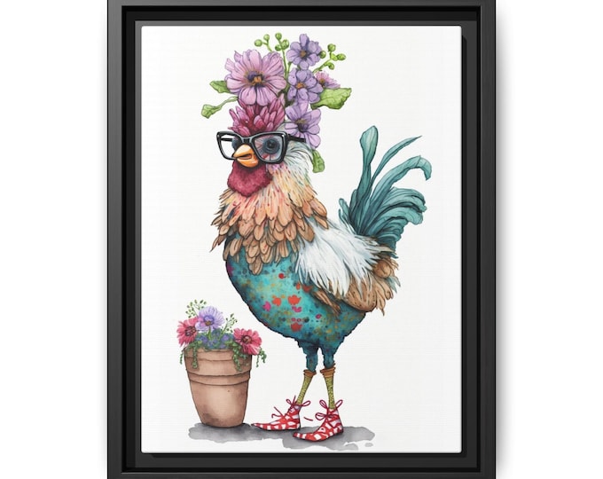 Flower Crown Rooster Matte Canvas Framed | Whimsical Farmhouse Wall Art