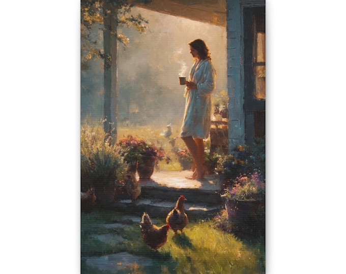 Woman on Porch with Chickens Canvas | Morning Light Wall Art