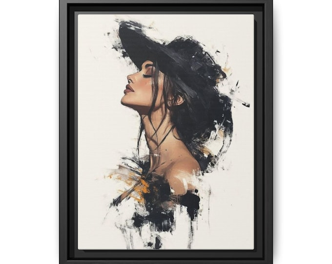 Woman in Wide-Brim Hat Matte Canvas Framed | Modern Portrait Wall Art
