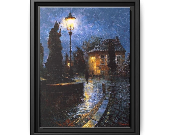 Rainy Night Streetlamp Matte Canvas Framed