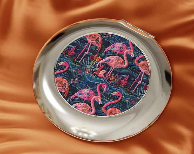Pink Flamingo Pattern Compact Travel Mirror | Tropical Bird Design
