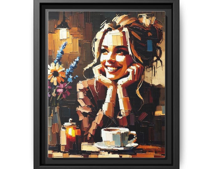 Smiling Woman Cafe Scene Matte Canvas