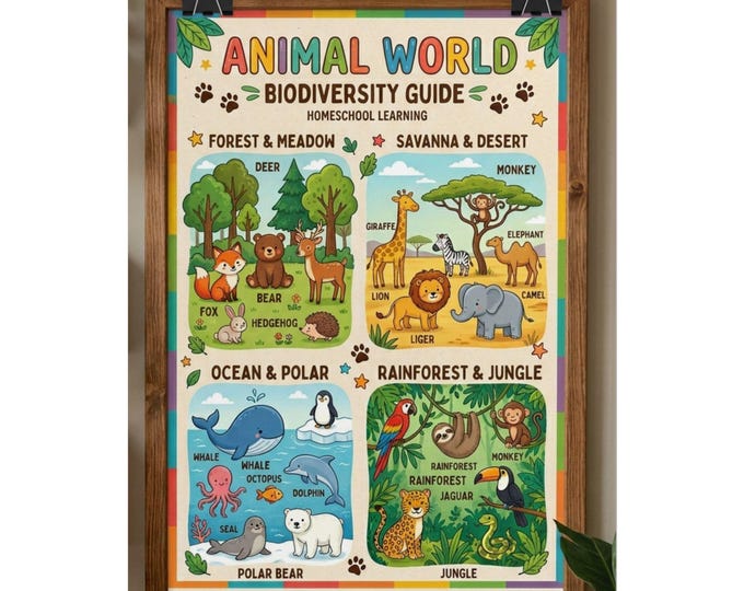 Animal World Biodiversity Guide Rolled Poster | Educational Kids Wall Art