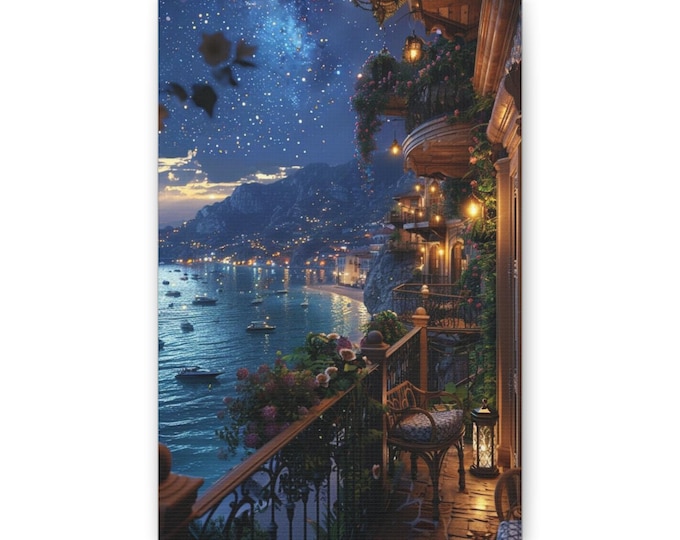 Starry Amalfi Coast Balcony Canvas | Night Seaside Wall Art