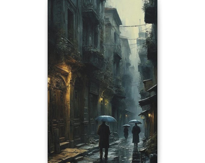 Rainy Cobblestone Alley Classic Canvas | Urban Street Scene Wall Art