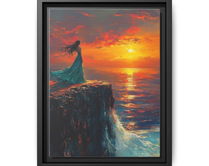 Woman on Cliff at Sunset Canvas