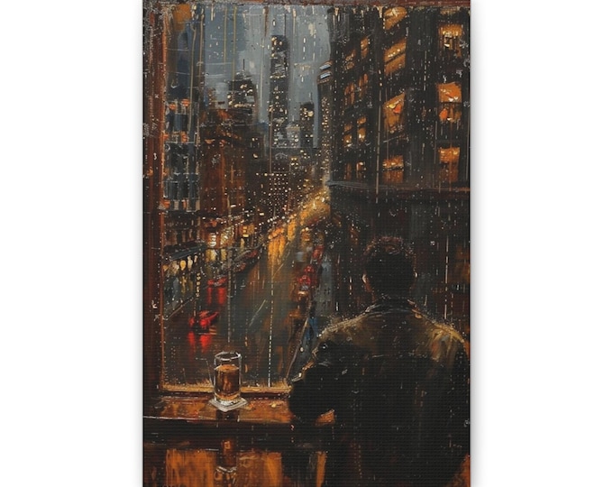 Man in Window Overlooking Rainy Cityscape Canvas | Urban Night Wall Art