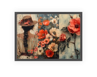 Vintage Floral Woman Poster with Wooden Frame | Poppy Bouquet Wall Art