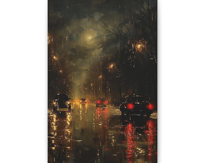 Rainy Night Cityscape Canvas | Vintage Urban Street Scene Wall Art