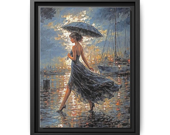 Woman with Umbrella Walking in Rain framed canvas