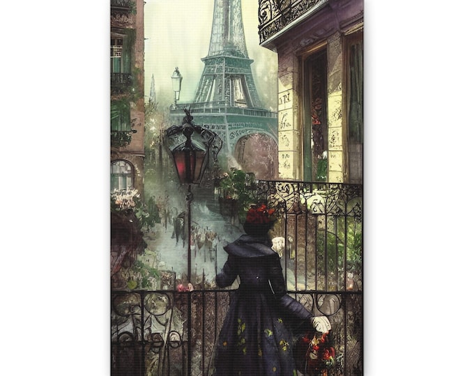 Paris Balcony Woman Canvas | Eiffel Tower Art, Vintage Cityscape