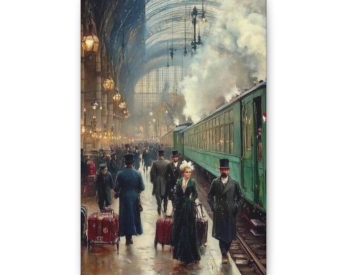 Vintage Train Station Scene Canvas Print | Classic Travel Wall Art