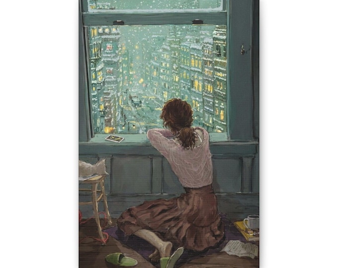Woman at Window Canvas | City Night Snow Scene