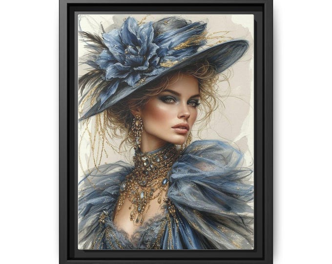 Victorian Lady in Blue Hat Matte Canvas Framed