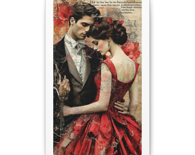 Romantic Couple Painting Canvas | Vintage Red Dress Wall Art