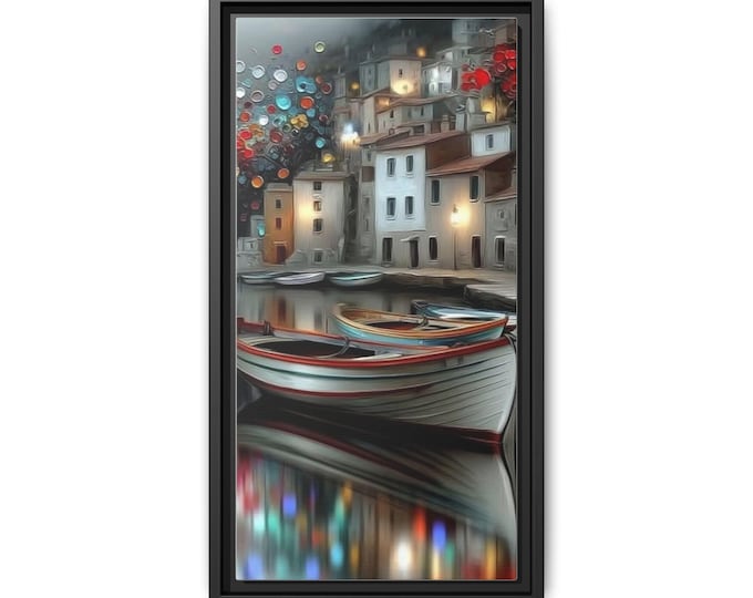 Coastal Village Boats Canvas | Framed Matte Wall Art