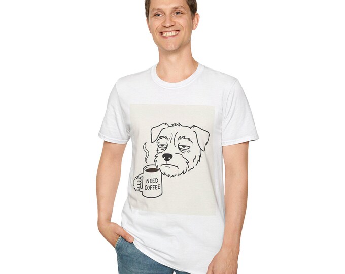 Sleepy Dog Holding 'Need Coffee' Mug T-Shirt | Funny Coffee Shirt
