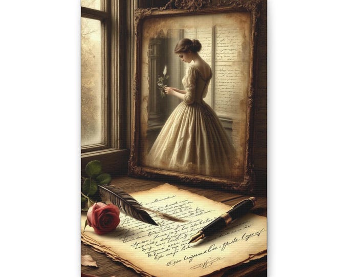 Victorian Romance Painting Canvas | Vintage Woman Portrait, Antique Letter Scene