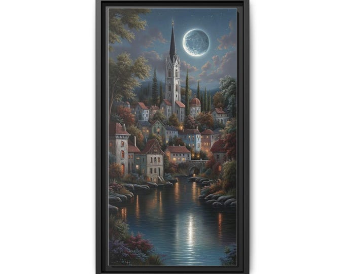 Moonlit Village Painting Matte Canvas Framed | Church Spire, River Reflection