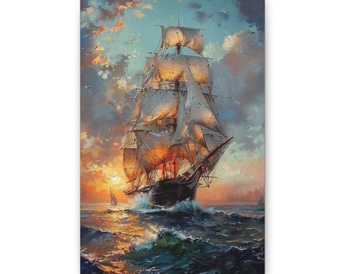 Sailing Ship Sunset Classic Canvas | Nautical Wall Art, Ocean Print