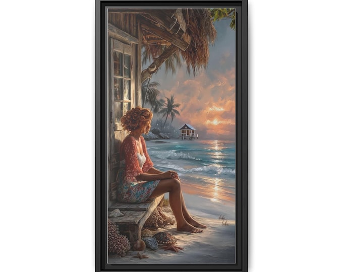 Woman Sitting Beach Sunset Matte Canvas Framed | Coastal Wall Art