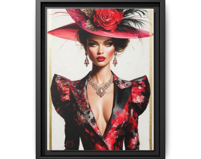 Elegant Lady in Red Hat Matte Canvas Framed | Fashion Portrait Wall Art