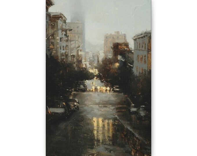Moody Rainy Cityscape Classic Canvas | Urban Street Evening Wall Art