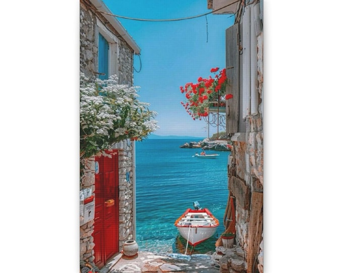 Mediterranean Cove Boat Canvas | Coastal Wall Art, Seaside Alley Print