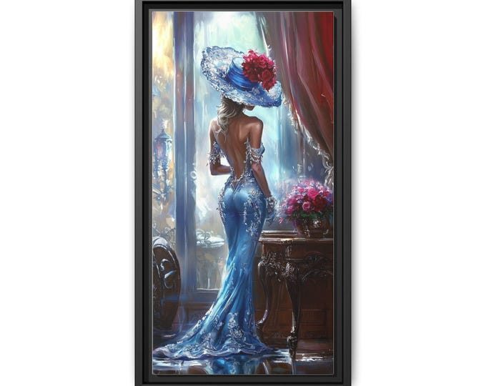Elegant Woman in Blue Gown Wall Art Matte Canvas Framed | Fashion Figure Portrait