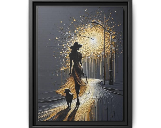 Woman with Dog Night Stroll Matte Canvas Framed | Nightlight Cityscape Art