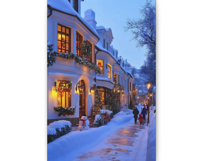 Snowy Village Street Canvas | Winter Holiday Night Scene, Christmas Decor