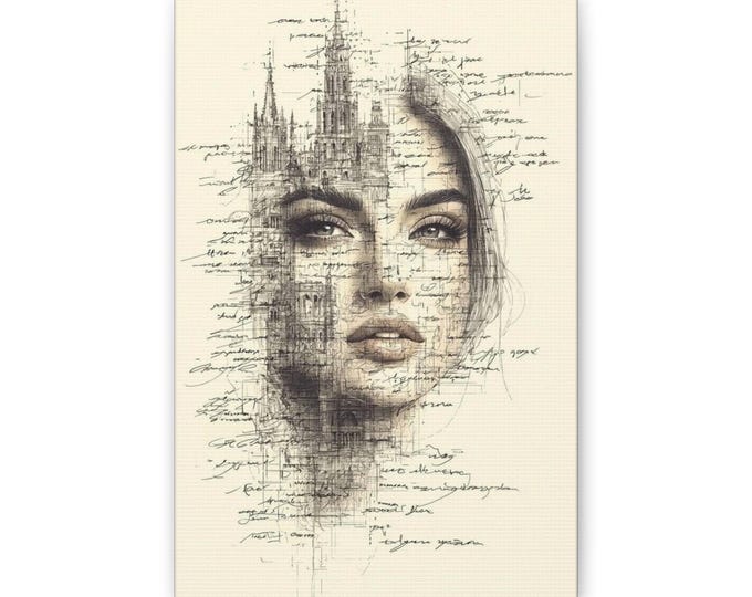 Sketch Portrait Cityscape Classic Canvas | Woman Face Art Print