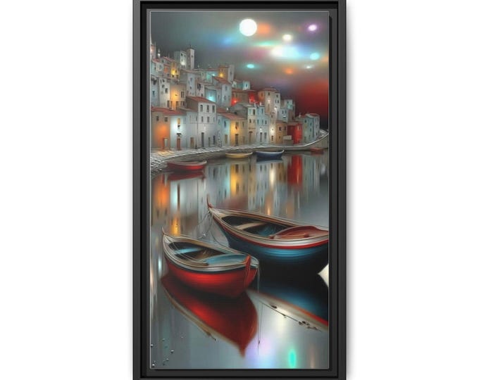 Mediterranean Harbor at Night Matte Canvas Framed | Boat Seascape Wall Art