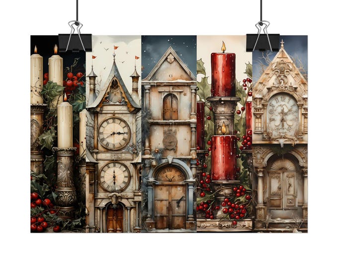 Vintage Clock Candle Collage Rolled Poster | Christmas Holiday Wall Art