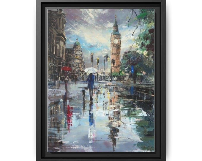 London Rain Street Scene Matte Canvas Framed | Cityscape Wall Art